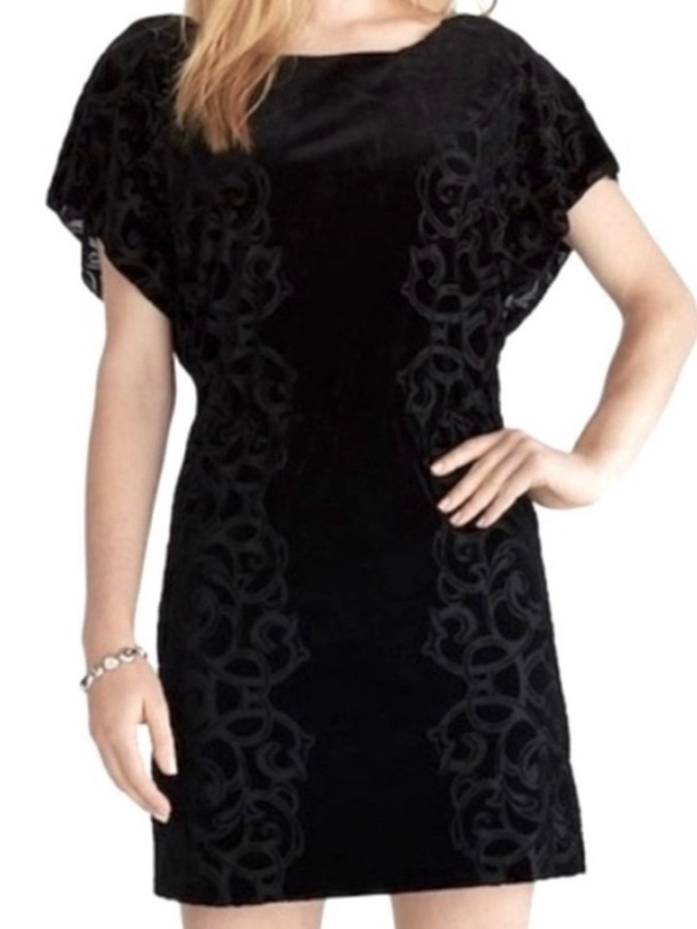 White House Black Market Black Sheer Burnout Velvet Short-Sleeve Shift Dress